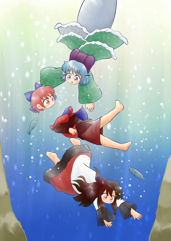 3girls :t air_bubble animal_ears barefoot blue_eyes blue_hair bow brown_hair bubble cape chibi commentary_request disembodied_head dress drill_hair fish freediving grass_root_youkai_network green_kimono hair_bow head_fins holding_breath imaizumi_kagerou japanese_clothes kimono layered_clothing layered_dress layered_kimono long_hair looking_at_another mermaid monster_girl multiple_girls obi open_mouth outstretched_arms red_cape red_eyes red_shirt red_skirt redhead sash sekibanki shirt short_hair short_kimono sinking skirt touhou triangle_mouth twin_drills underwater very_long_hair wakasagihime wolf_ears yukimuro