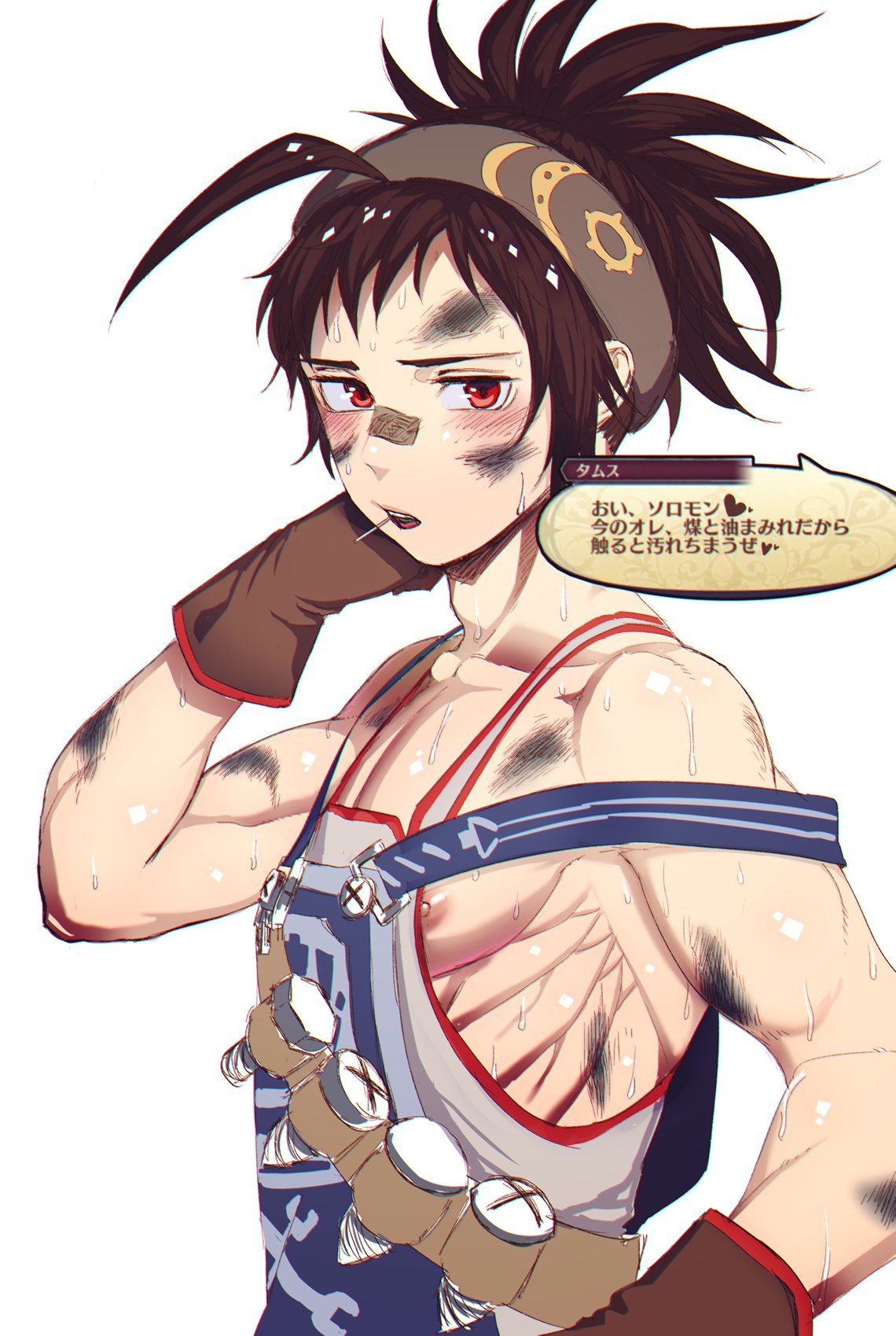 1boy ahoge arm_behind_head bandage_on_face bandages brown_gloves brown_hair gloves headband highres kayaharu looking_at_viewer male_focus megido72 nipple_slip nipples off_shoulder overalls ponytail red_eyes screw simple_background solo soot sweat thamus_(megido72) toothpick upper_body white_background