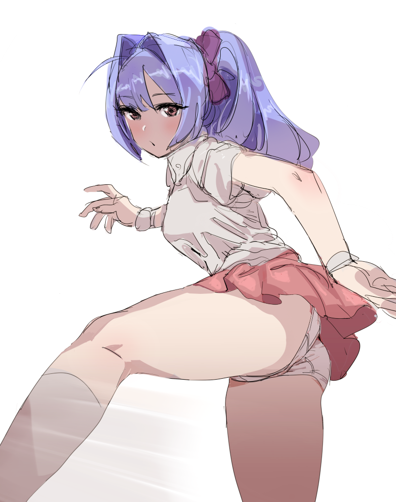 1girl ahoge blush bow bow_(bhp) collared_shirt feet_out_of_frame from_side hair_bow hair_intakes kicking looking_at_viewer looking_to_the_side miniskirt original panties pink_eyes ponytail purple_bow purple_hair red_skirt shirt short_sleeves simple_background skirt socks solo underwear white_background white_legwear white_panties white_shirt wing_collar