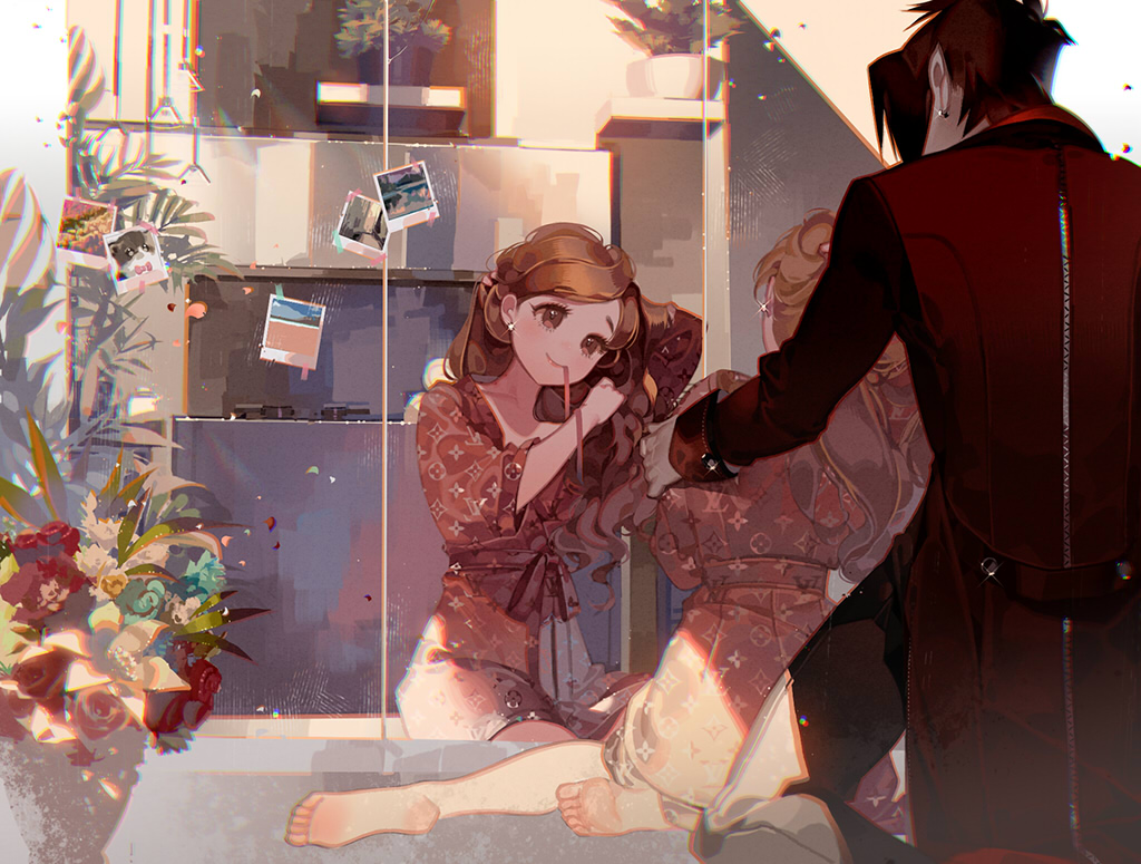 1boy 1girl adjusting_hair arm_behind_head bangs barefoot black_pants brown_eyes brown_hair brown_kimono brown_shirt closed_mouth commentary_request earrings flower from_behind hand_up japanese_clothes jewelry kawacy kimono kneeling long_sleeves looking_at_mirror medium_hair mirror mouth_hold on_ground original pants pink_ribbon plant pointy_ears potted_plant red_flower red_vest redhead ribbon ribbon_in_mouth shirt short_hair sitting sleeves_past_elbows smile tailcoat vest white_flower