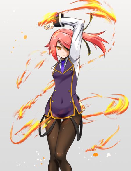 1girl artist_request blazblue breasts eyepatch fire hair_over_one_eye konoe_a_mercury long_sleeves magic me_(xblaze) necktie pantyhose pink_hair purple_neckwear side_ponytail small_breasts solo third-party_source white_background xblaze xblaze_lost:_memories yellow_eyes