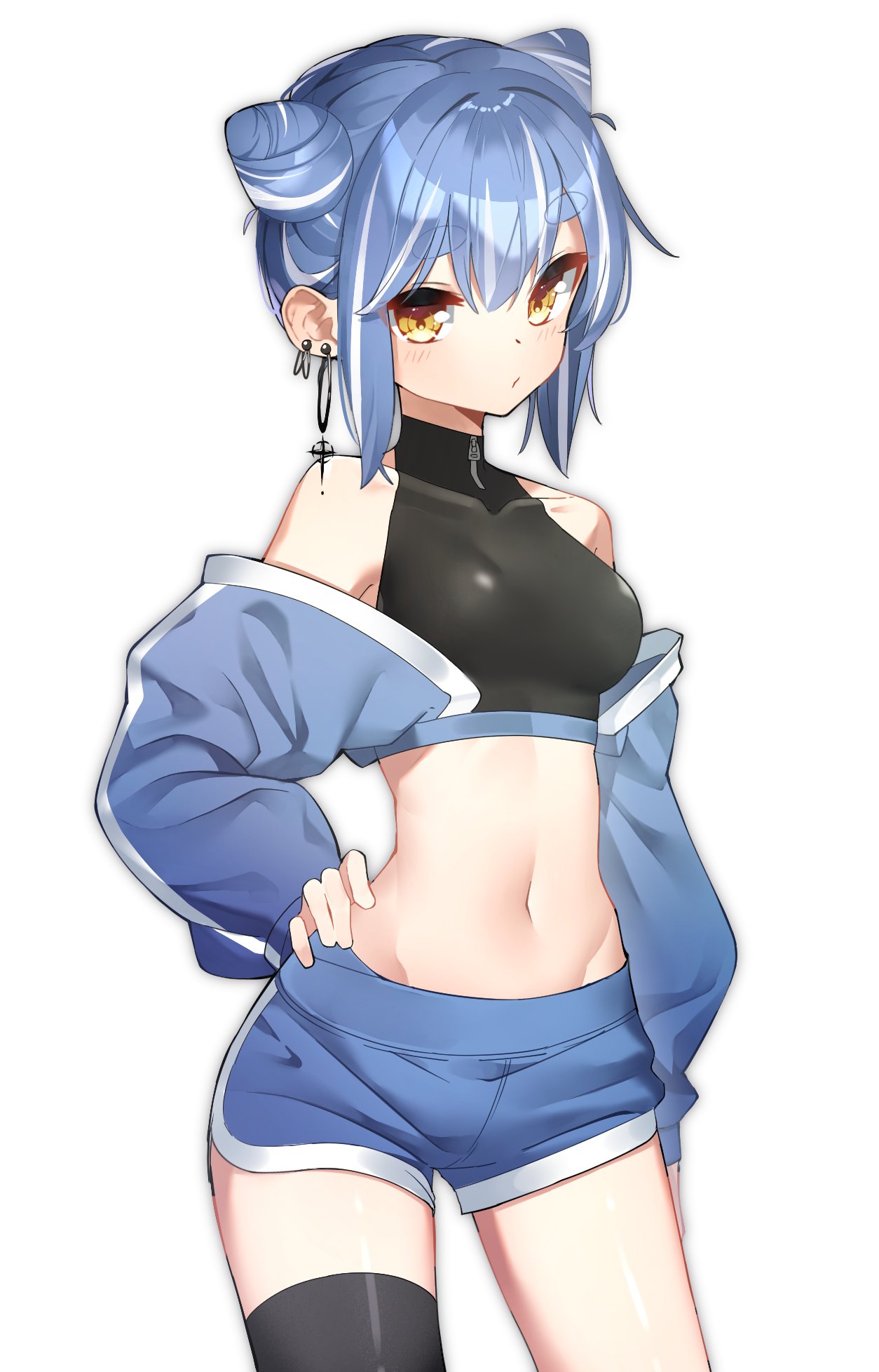 1girl bare_shoulders black_legwear black_shirt blue_hair blue_jacket blue_shorts breasts collarbone contrapposto cowboy_shot crop_top dolphin_shorts double_bun earrings groin hair_bun hand_on_hip highres jacket jewelry long_sleeves looking_at_viewer medium_breasts midriff multicolored_hair navel off_shoulder open_clothes open_jacket orange_eyes original pout se.a shirt short_hair short_shorts shorts sidelocks simple_background single_thighhigh sleeveless sleeveless_shirt sleeveless_turtleneck solo standing stomach streaked_hair thick_eyebrows thigh-highs thighs turtleneck white_background