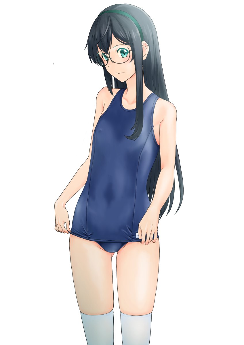 1girl black-framed_eyewear black_hair blue_swimsuit collarbone covered_nipples cowboy_shot flat_chest green_eyes hairband highres kantai_collection long_hair looking_at_viewer mikan_29344886 ooyodo_(kantai_collection) school_swimsuit semi-rimless_eyewear simple_background solo swimsuit thigh-highs under-rim_eyewear white_background white_hairband white_legwear