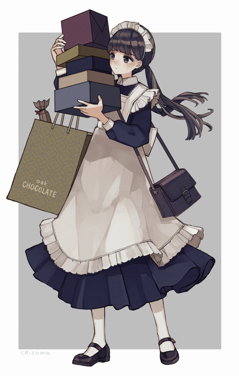 1girl artist_name bag bangs blue_dress blunt_bangs box brown_eyes brown_hair carrying closed_mouth commentary_request dress english_text eyebrows_behind_hair frills gift gift_box hair_ornament handbag highres holding holding_box kashiwagi_chisame long_hair long_sleeves maid maid_headdress mary_janes original pinafore_dress ponytail shoes socks solo two-tone_background white_legwear