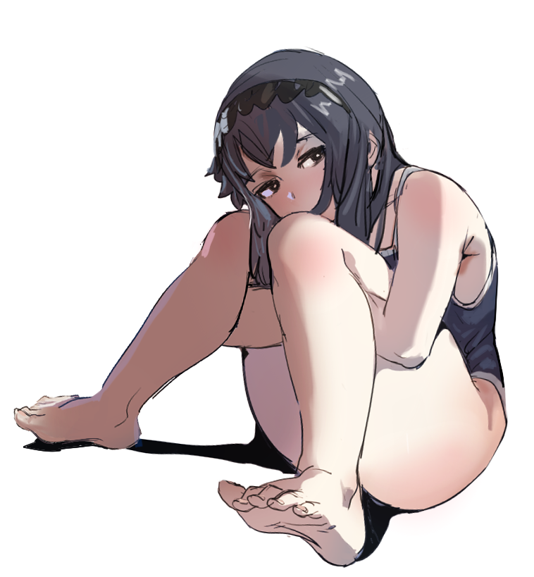 1girl bare_arms bare_legs bare_shoulders barefoot black_eyes black_hair blue_swimsuit bow_(bhp) covered_mouth hairband knees_together_feet_apart leg_hug long_hair looking_at_viewer original school_swimsuit simple_background sitting solo swimsuit toenails white_background