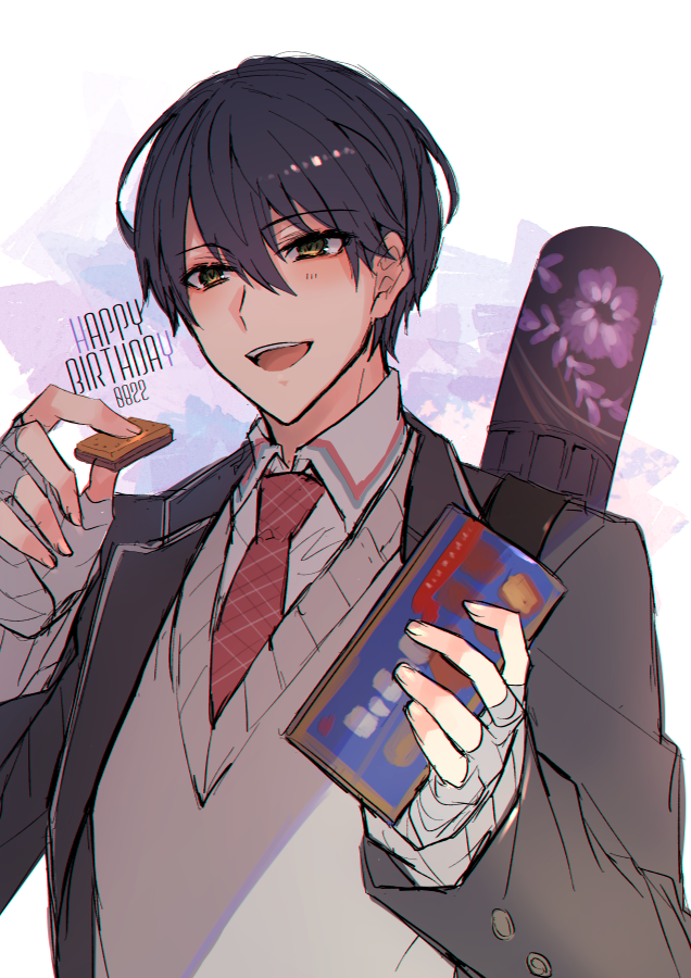 1boy :d bandaged_hands bandages bangs black_hair black_jacket blazer collared_shirt dated eyebrows_visible_through_hair food green_eyes grey_sweater hair_between_eyes hands_up happy_birthday holding holding_food jacket kenmochi_touya long_sleeves looking_at_viewer male_focus necktie nijisanji open_blazer open_clothes open_jacket open_mouth plaid_neckwear red_neckwear school_uniform shikino_yuki shirt sleeves_past_wrists smile solo sweater upper_body virtual_youtuber white_shirt