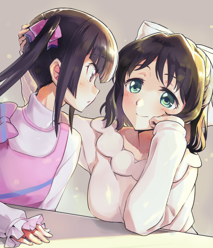 2girls black_hair blush bow casual green_eyes hair_bow half_updo hand_on_another's_head hand_on_own_cheek hand_on_table kohinata_miku light_smile looking_at_another looking_to_the_side multiple_girls niina_ryou profile purple_bow senki_zesshou_symphogear tsukuyomi_shirabe turtleneck twintails violet_eyes white_bow yuri