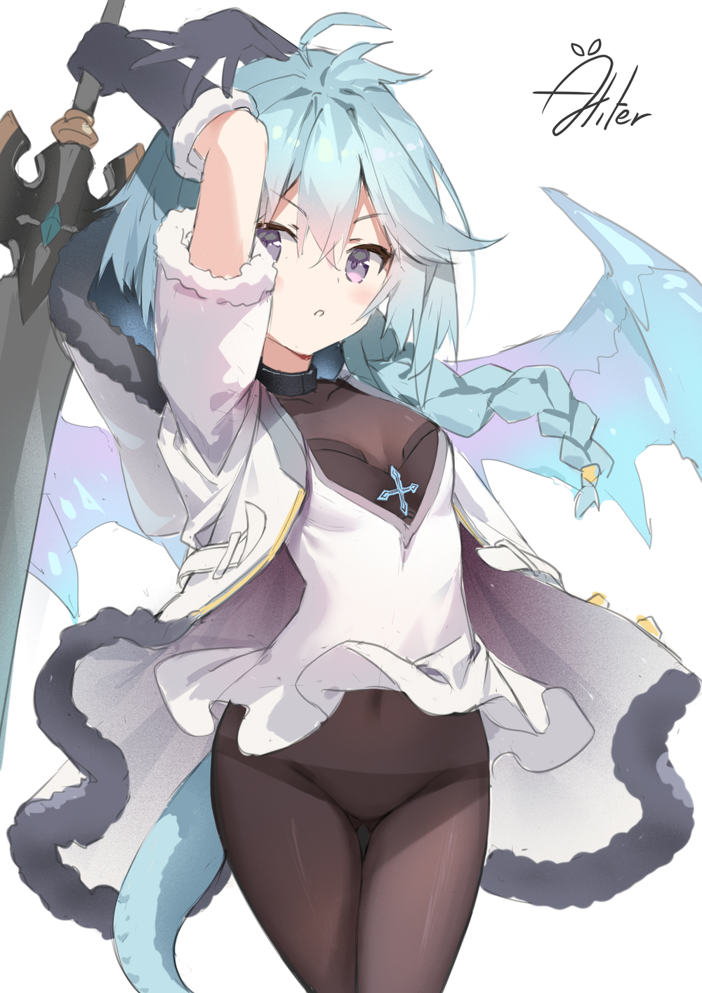 1girl :o ahoge aliter arms_up ass_visible_through_thighs bangs black_gloves blue_hair blue_wings braid breasts brown_legwear commentary_request covered_navel dragon_girl dragon_tail dragon_wings dress elbow_gloves eyebrows_visible_through_hair fur-trimmed_gloves fur-trimmed_sleeves fur_trim gloves hair_between_eyes highres holding holding_sword holding_weapon jacket long_hair looking_at_viewer open_clothes open_jacket panties panties_under_pantyhose pantyhose parted_lips princess_connect! princess_connect!_re:dive shefi_(princess_connect!) short_sleeves signature simple_background single_braid small_breasts solo sword tail thigh_gap underwear v-shaped_eyebrows violet_eyes weapon white_background white_dress white_jacket wings