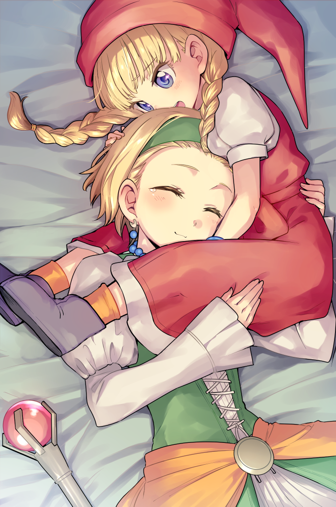 2girls :3 ^_^ blonde_hair braid closed_eyes dragon_quest dragon_quest_xi green_hairband hairband hand_on_another's_head happy_tears hat hug multiple_girls mutual_hug niina_ryou red_headwear rod senya_(dq11) short_hair tears twin_braids veronica_(dq11)