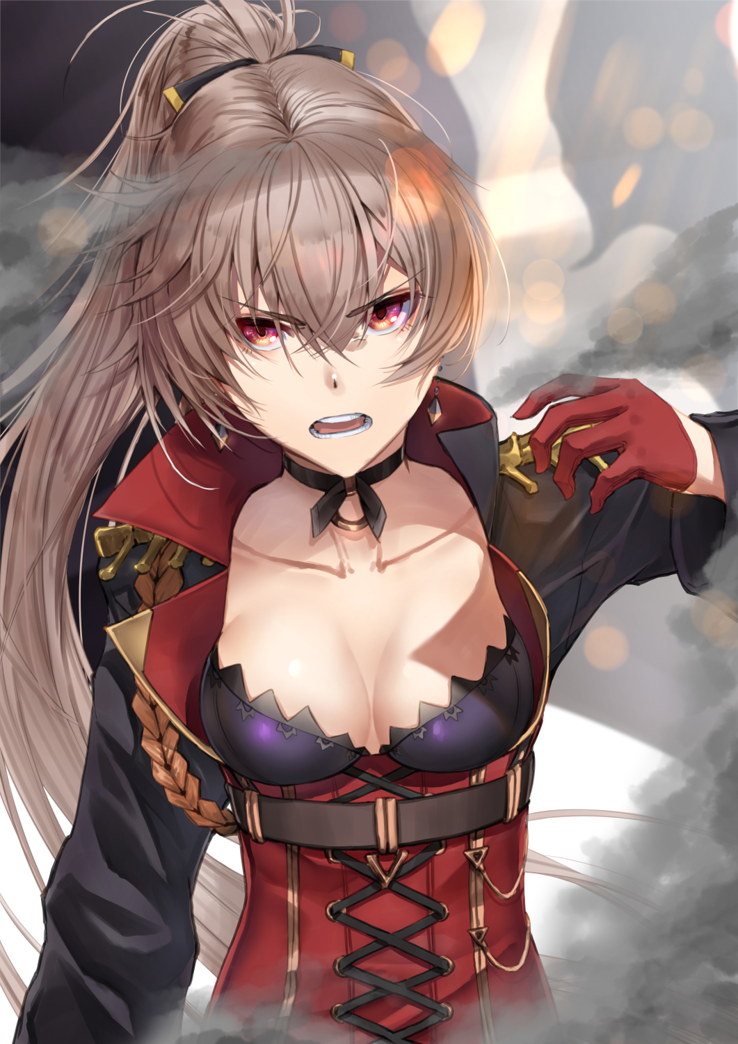 1girl aiguillette azur_lane black_choker black_jacket breasts choker cleavage_cutout clothing_cutout corset cropped_jacket eyebrows_visible_through_hair gloves hair_between_eyes high_collar highres jacket jean_bart_(azur_lane) light_brown_hair long_hair looking_at_viewer ponytail red_corset red_eyes red_gloves small_breasts solo teeth upper_body very_long_hair zombie_mogura