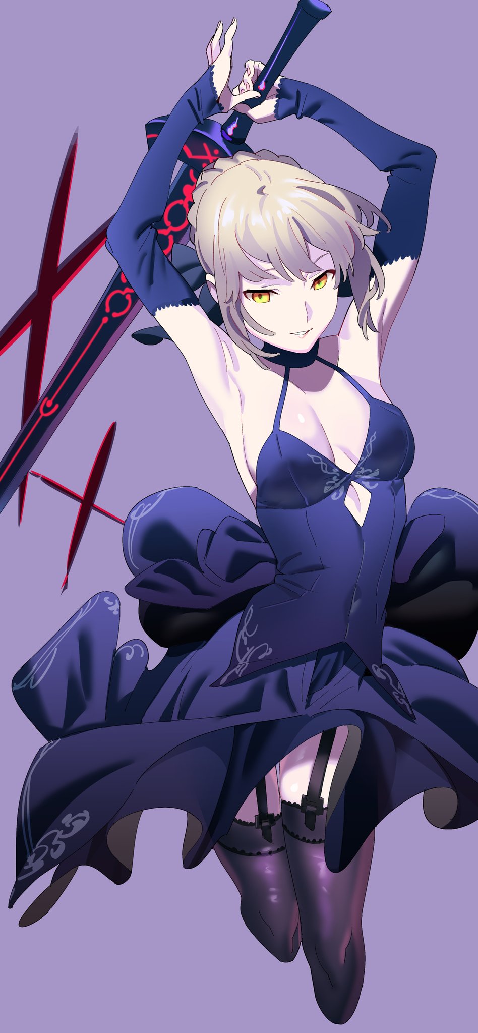 1girl arms_up artoria_pendragon_(all) black_dress black_legwear blonde_hair braid breasts commentary detached_sleeves dress excalibur_morgan fate/stay_night fate_(series) french_braid garter_straps gradient gradient_background halterneck henken highres long_image midair purple_background saber_alter simple_background small_breasts solo sword tall_image weapon yellow_eyes