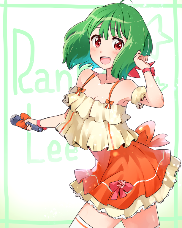 1girl :d ahoge bow character_name commentary dress green_hair idol macross macross_frontier microphone niina_ryou open_mouth orange_dress ranka_lee red_bow red_eyes short_hair single_horizontal_stripe smile solo thigh-highs white_legwear wrist_bow zettai_ryouiki