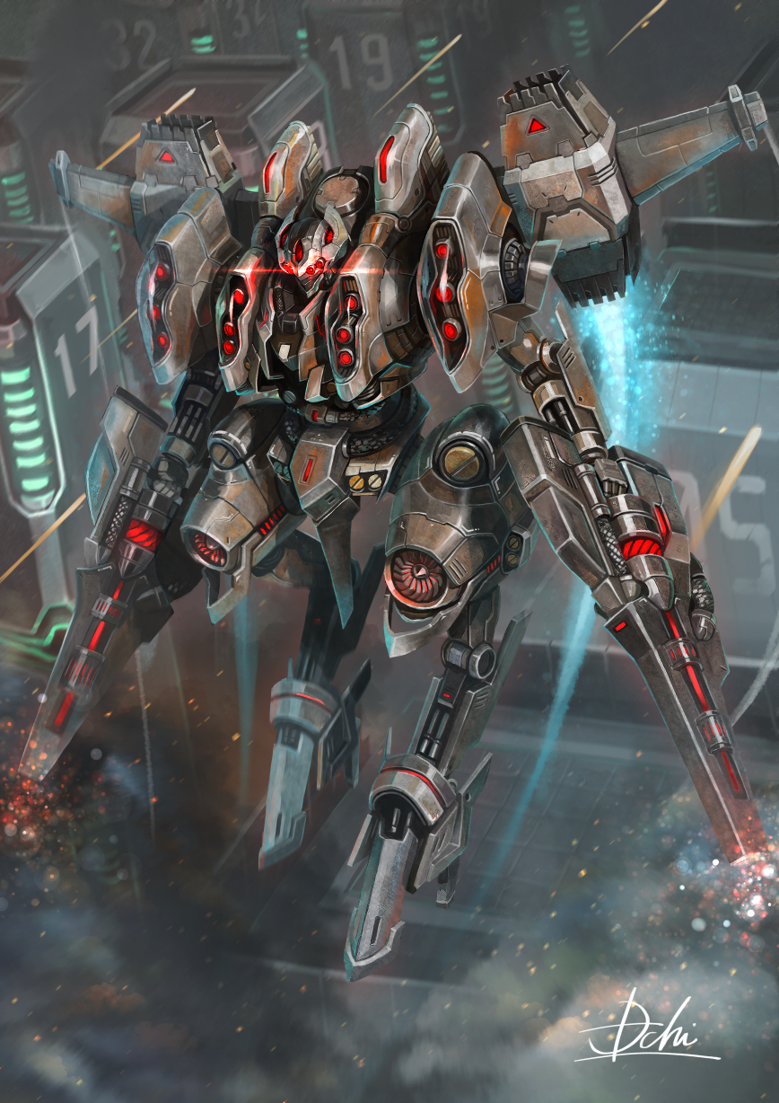 city dual_wielding extra_eyes flying glowing glowing_eyes gun highres holding holding_gun holding_weapon hukutuuprunes looking_ahead mecha mechanical_wings no_humans original red_eyes science_fiction signature solo thrusters weapon wings