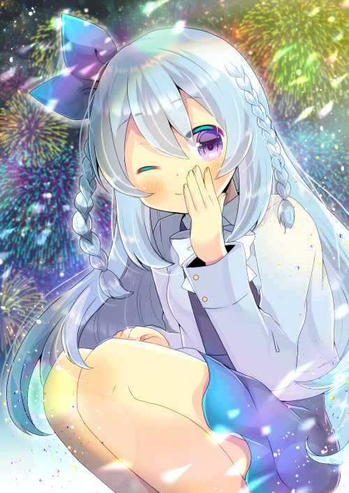 1girl ;) aerial_fireworks bangs berry_(vtuber) blue_dress blue_hair blue_ribbon blush bow braid closed_mouth dress eyebrows_visible_through_hair fireworks frilled_dress frills hair_between_eyes hair_ribbon hand_up indie_virtual_youtuber jacket knees_up kouu_hiyoyo long_hair long_sleeves looking_at_viewer one_eye_closed open_clothes open_jacket ribbon smile solo squatting twin_braids very_long_hair violet_eyes white_bow white_jacket
