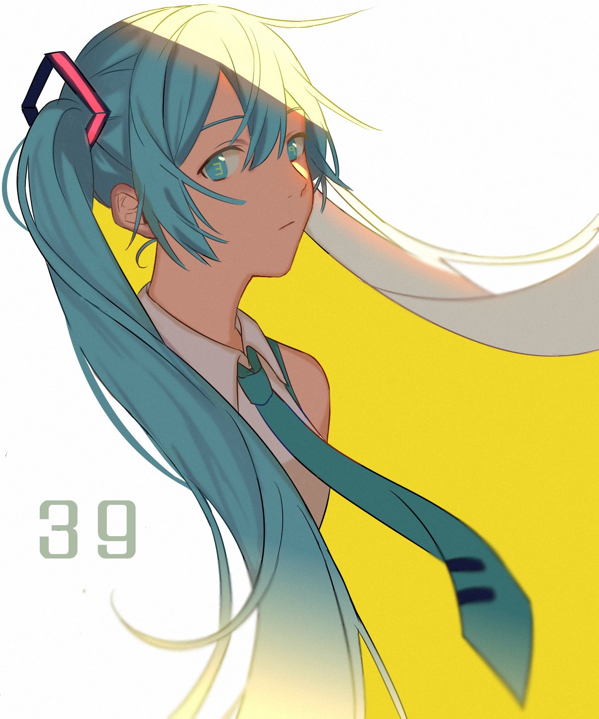 1girl 39 bare_shoulders blue_eyes blue_hair blue_neckwear closed_mouth clothes_lift collared_shirt cropped_torso double_exposure expressionless flat_chest floating_hair hair_between_eyes half-closed_eyes hatsune_miku highres konomi_(kumagai20) light long_hair looking_at_viewer necktie number number_in_eye serious shaded_face shirt sidelocks simple_background solo symbol_in_eye tareme two-tone_background upper_body vignetting vocaloid white_background white_shirt yellow_background