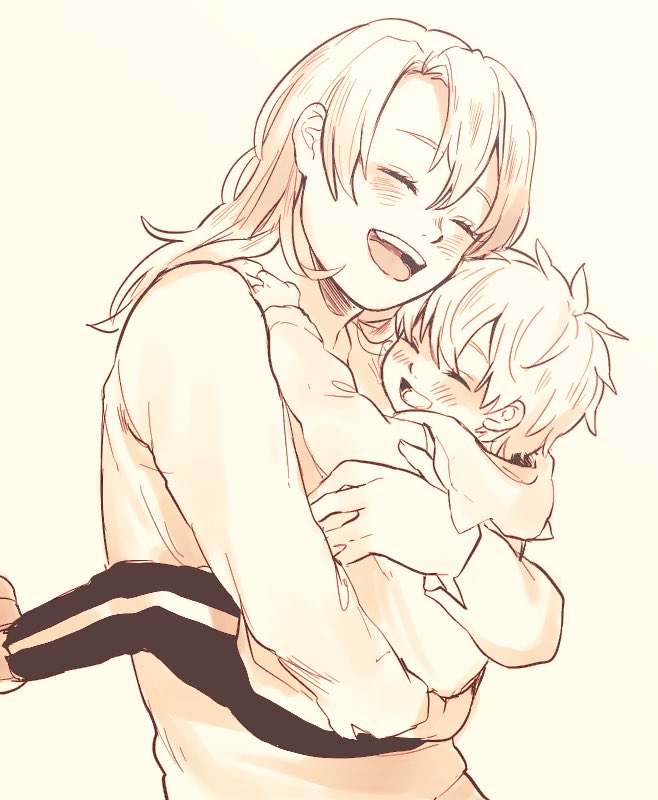 1boy 1girl beige_background blush child closed_eyes holding_another hood hoodie hug laughing long_hair long_sleeves misono_(msn_png) mutual_hug open_mouth original sepia smile upper_body |d