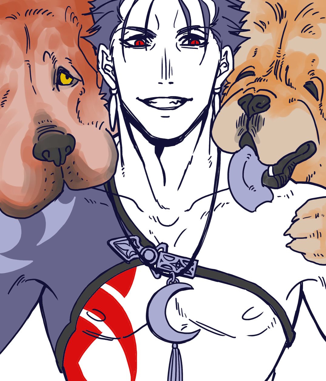 1boy 2others animal blue_hair bobtomgom bodypaint chest_strap chow_chow collarbone crescent_necklace cu_chulainn_(fate)_(all) dog earrings fang fate/grand_order fate_(series) grin highres jewelry lancer looking_at_viewer male_focus multiple_others nipples paws red_eyes short_hair slit_pupils smile spiky_hair st_bernard tongue tongue_out type-moon