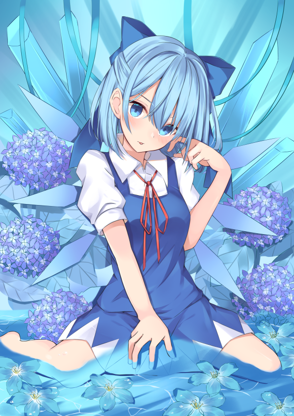 1girl :p barefoot blue_bow blue_dress blue_eyes blue_flower blue_hair blue_theme blush bow breasts chroemaguro cirno commentary_request dress finger_to_cheek flower full_body hair_bow hand_in_hair head_tilt ice ice_crystal ice_wings looking_at_viewer medium_breasts partially_submerged puffy_short_sleeves puffy_sleeves red_neckwear red_ribbon ribbon short_hair short_sleeves sitting solo tongue tongue_out touhou wariza water wings