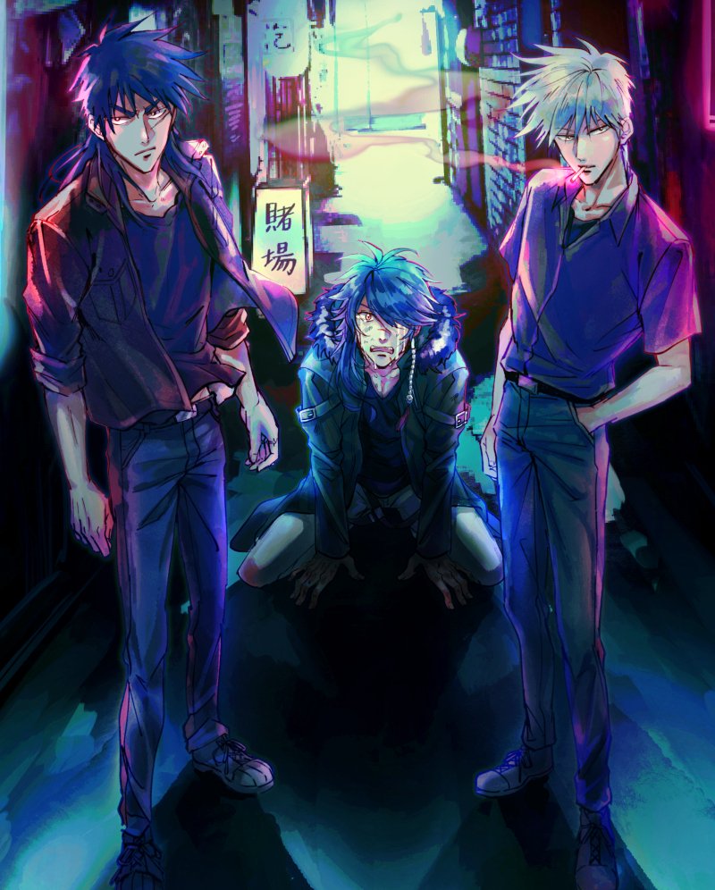 3boys akagi:_yami_ni_oritatta_tensai akagi_shigeru alley arisugawa_dice arms_at_sides bangs belt black_belt black_hair black_jacket black_shirt blue_hair blue_pants blue_shirt brown_eyes cigarette closed_mouth collarbone collared_shirt crossover dirty dirty_face frown full_body hair_over_one_eye hand_in_pocket hypnosis_mic itou_kaiji jacket kaiji kneeling long_hair male_focus mouth_hold multiple_boys open_mouth pants scar scar_on_face shirt shoes short_hair short_sleeves silver_hair sleeves_rolled_up smoke smoking tears tsukushi_(kaori0331) v-shaped_eyebrows