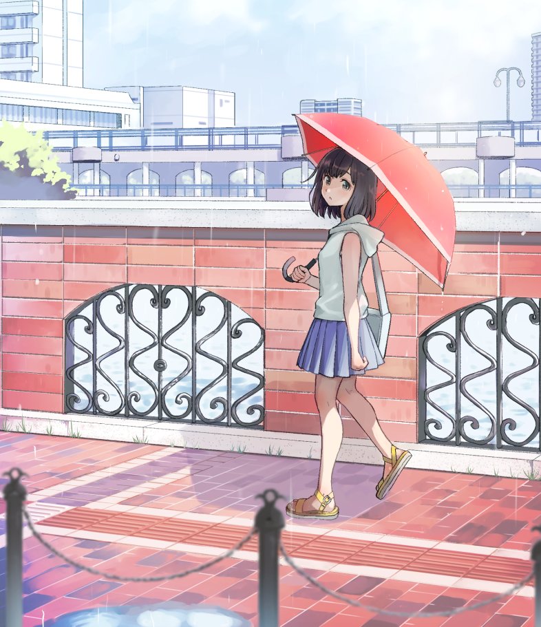 1girl bag blue_skirt building city drain_(object) from_side hood hoodie lamppost looking_at_viewer looking_to_the_side niina_ryou original railing rain road sandals shoulder_bag skirt sleeveless sleeveless_hoodie solo street umbrella walking white_hoodie