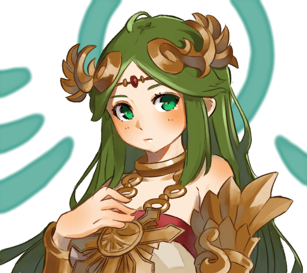 1girl aqua_eyes bangs bare_shoulders circlet closed_mouth goddess green_hair hand_on_own_chest hand_up jewelry kid_icarus long_hair looking_at_viewer neck_ring necklace nishikuromori palutena parted_bangs simple_background solo straight_hair strapless upper_body very_long_hair white_background