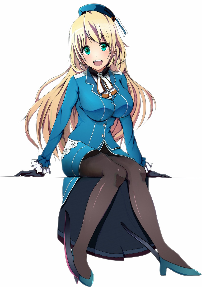 1girl :d atago_(kantai_collection) beret black_gloves black_legwear blonde_hair blue_footwear blue_headwear breasts eyebrows_visible_through_hair full_body gloves green_eyes hat high_heels highres kantai_collection large_breasts long_hair looking_at_viewer open_mouth pantyhose simple_background sitting smile solo white_background zielgigas