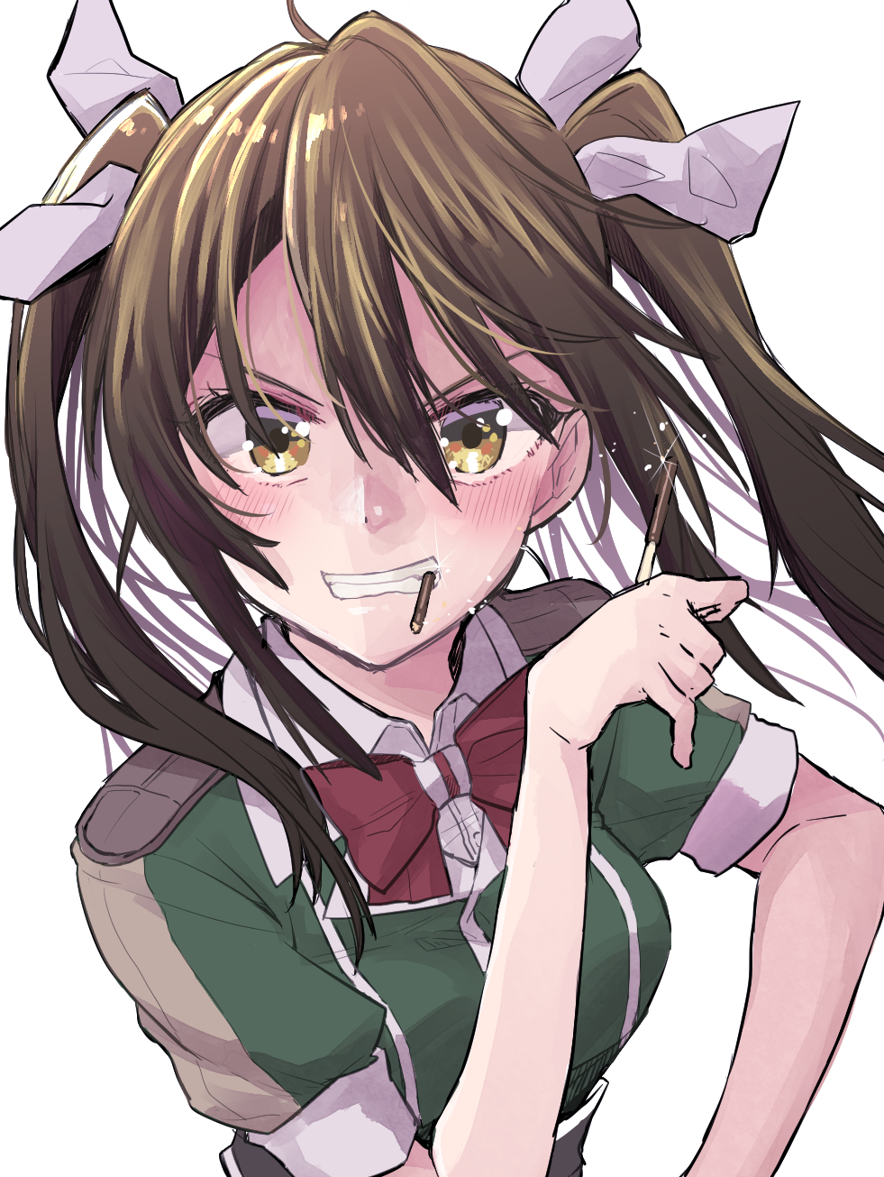 1girl bangs blush bow bowtie breasts brown_hair clenched_teeth food hair_between_eyes hair_ribbon highres holding holding_food kantai_collection long_hair looking_at_viewer medium_breasts mouth_hold pocky red_neckwear remodel_(kantai_collection) ribbon simple_background solo teeth tone_(kantai_collection) twintails upper_body white_background yami_(m31) yellow_eyes