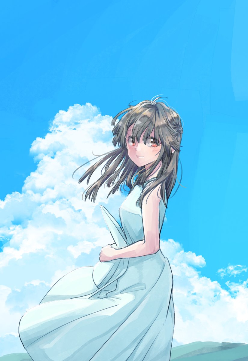 1girl bangs black_hair breasts clouds day dress hat highres holding holding_clothes holding_hat long_hair original outdoors red_eyes sky sleeveless sleeveless_dress small_breasts smile solo sun_hat white_dress yami_(m31)