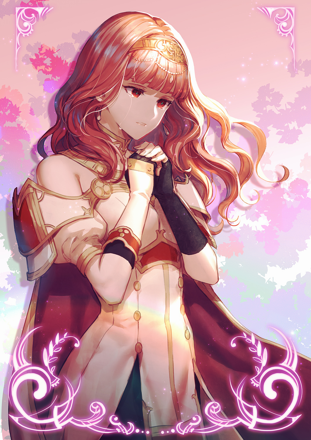 armlet armor arms_up bangs blunt_bangs breastplate cape celica_(fire_emblem) coat commentary_request cowboy_shot detached_sleeves earrings fire_emblem fire_emblem_echoes:_shadows_of_valentia fire_emblem_gaiden furikawa_arika gold_trim hair_ornament high_collar highres jewelry leaf leaf_background long_hair looking_away open_mouth pink_background red_cape red_eyes redhead sad sidelocks teardrop tears tiara white_coat