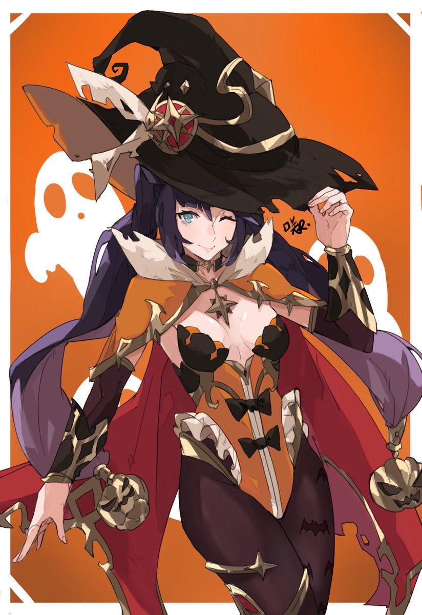 1girl animal_print bat_print black_hair border breasts breasts_apart brown_legwear cape capelet cowboy_shot filigree fingernails genshin_impact ghost gold_trim green_eyes hand_on_headwear hat highleg highleg_leotard highres jack-o'-lantern leotard looking_at_viewer mona_(genshin_impact) one_eye_closed orange_background orange_leotard pantyhose print_legwear sakuremi signature simple_background small_breasts smile solo star_pendant strapless strapless_leotard thighs tsurime white_border witch witch_hat