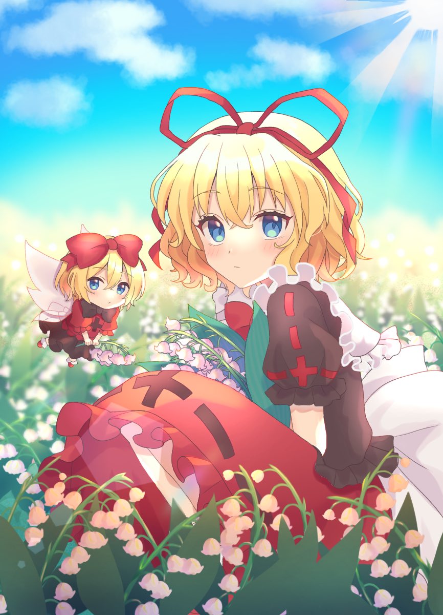 1girl bangs black_bow black_neckwear black_shirt blonde_hair blue_eyes blurry blurry_background blush bow bowtie closed_mouth clouds commentary_request crossed_bangs day depth_of_field doll expressionless eyebrows_visible_through_hair fairy_wings field flower flower_field hair_between_eyes hair_bow hair_ribbon highres kirarin_514 light_rays looking_at_viewer medicine_melancholy puffy_short_sleeves puffy_sleeves red_bow red_ribbon red_skirt ribbon shirt short_hair short_sleeves skirt sky solo squatting su-san sun sunlight symbol_commentary touhou wings