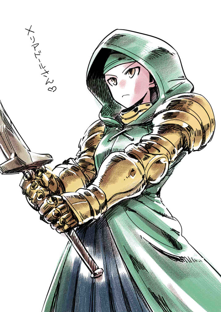 1girl armor breasts brown_eyes cloak closed_mouth final_fantasy final_fantasy_tactics gauntlets gloves headband hood knight meliadoul_tengille simple_background solo sword tukiwani weapon white_background