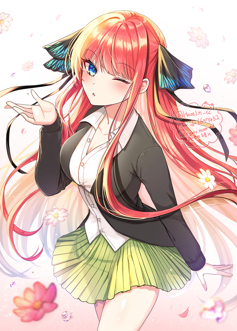 1girl 723/nanahumi ;o alternate_hair_length alternate_hairstyle bangs black_jacket black_ribbon blazer blue_eyes blush breasts brown_background collared_shirt commentary dress_shirt eyebrows_visible_through_hair flower go-toubun_no_hanayome gradient gradient_background green_skirt hair_ribbon hand_up jacket long_hair looking_at_viewer medium_breasts nakano_nino one_eye_closed open_blazer open_clothes open_jacket parted_lips pixiv_id pleated_skirt redhead ribbon shirt skirt solo twitter_username two_side_up very_long_hair water_drop white_background white_flower white_shirt
