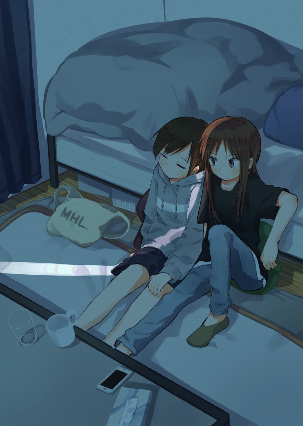 2girls bedroom brown_eyes brown_hair casual closed_eyes closed_mouth cover cover_page doujin_cover hasegawa_fumi highres hood hoodie horoda_(user_wfaw4827) indoors knee_up light_rays long_hair multiple_girls okano_kei pants short_hair shorts side-by-side sitting sunbeam sunlight yuyushiki