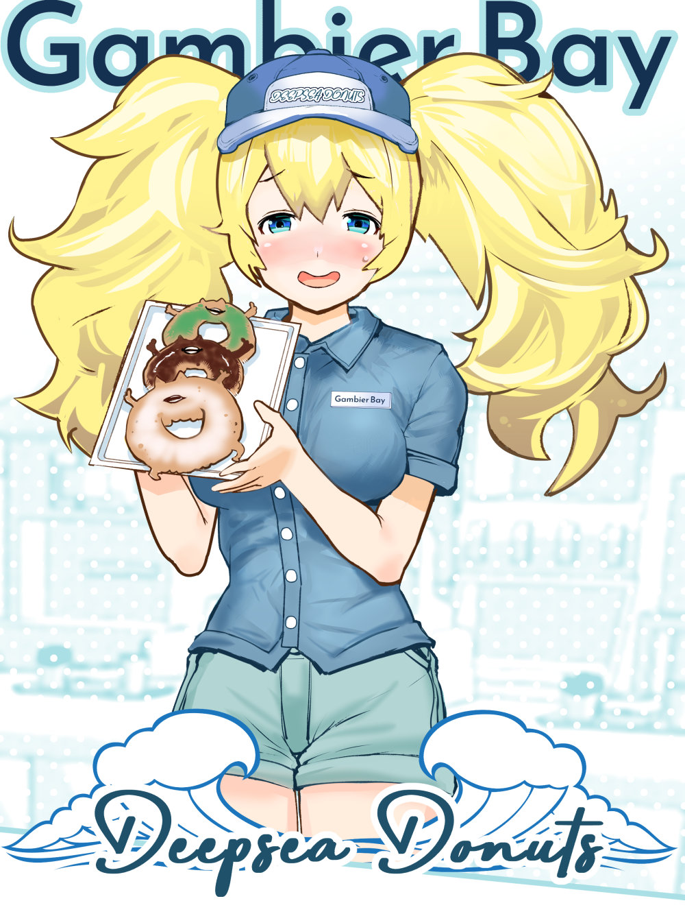1girl abyssal_ship alternate_costume blonde_hair blue_eyes blue_headwear blue_shirt blue_shorts breasts character_name clothes_removed collared_shirt commentary_request cowboy_shot doughnut enemy_lifebuoy_(kantai_collection) food gambier_bay_(kantai_collection) hairband highres igarasy kantai_collection large_breasts looking_at_viewer name_tag shirt shorts smile solo twintails
