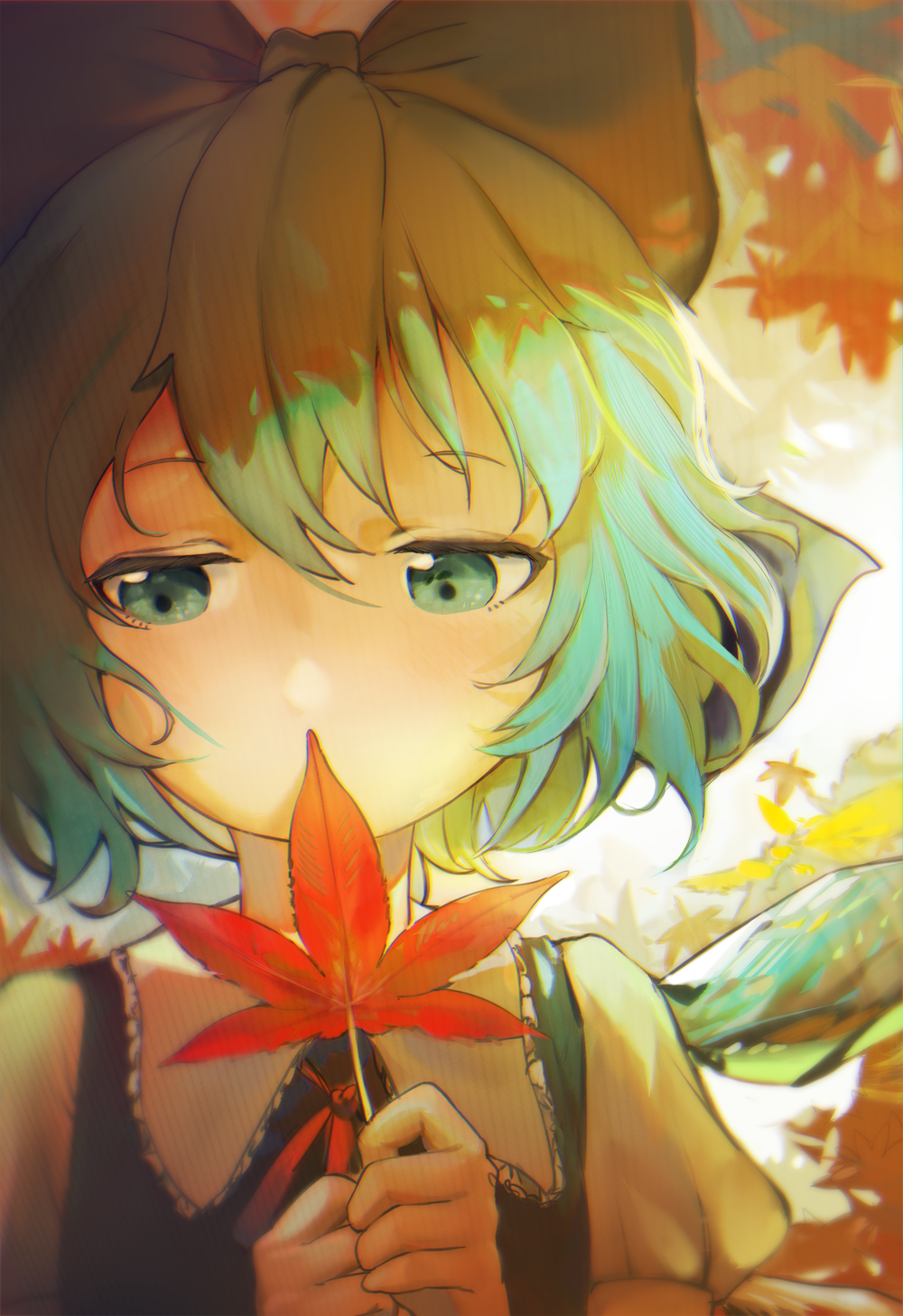 1girl autumn_leaves bangs blue_dress blue_eyes blue_hair blurry blurry_background bow cirno collared_shirt dress fairy hair_bow hidden_mouth highres holding holding_leaf ice ice_wings leaf looking_away maple_leaf red_neckwear shadow shirt short_hair short_sleeves siyumu touhou upper_body white_shirt wings
