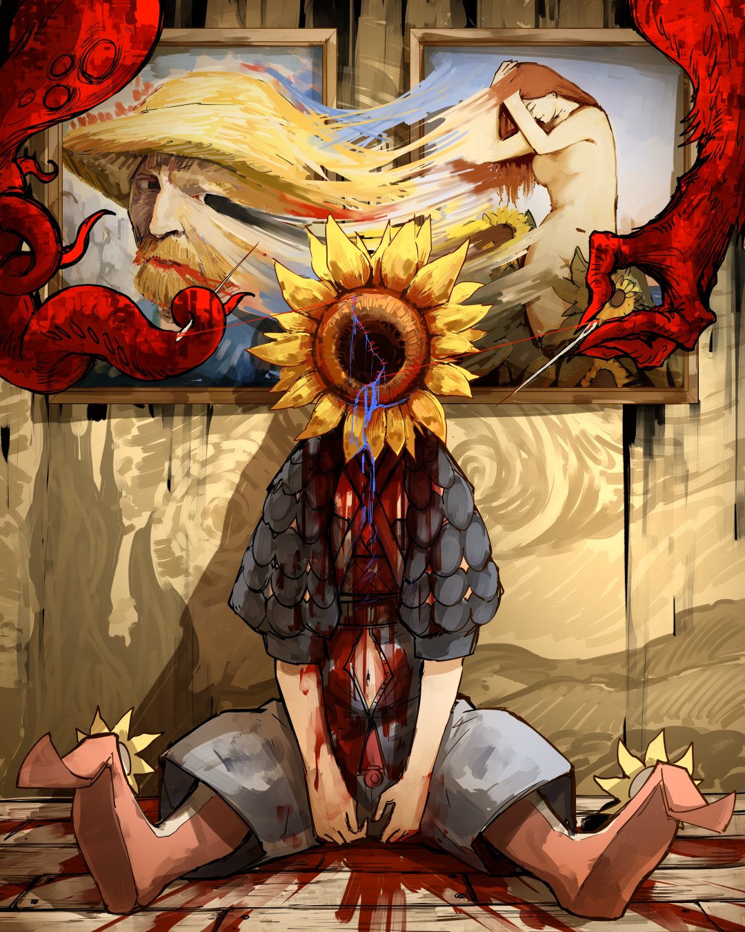1girl against_wall blood blood_from_mouth blood_on_arm bloody_clothes blue_blood blue_shirt blue_shorts commentary fate/grand_order fate_(series) flower full_body highres kan_(aaaaari35) midriff_cutout needle object_head painting_(object) shirt shorts solo spoilers starry_night sunflower tentacles van_gogh_(fate) vincent_van_gogh_(style)