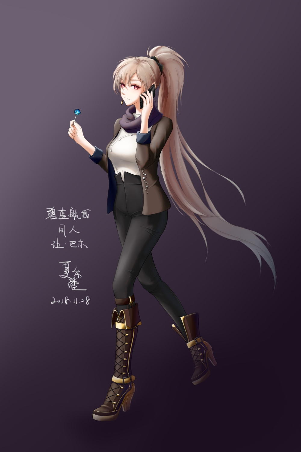 1girl 2018 alternate_costume artist_request asymmetrical_footwear azur_lane black_pants boots brown_footwear brown_jacket candy cellphone food full_body hair_ornament high_heels highres holding holding_candy holding_food holding_lollipop jacket jean_bart_(azur_lane) lollipop long_hair looking_at_viewer open_clothes open_jacket pants phone ponytail purple_background purple_scarf red_eyes scarf simple_background smartphone solo very_long_hair