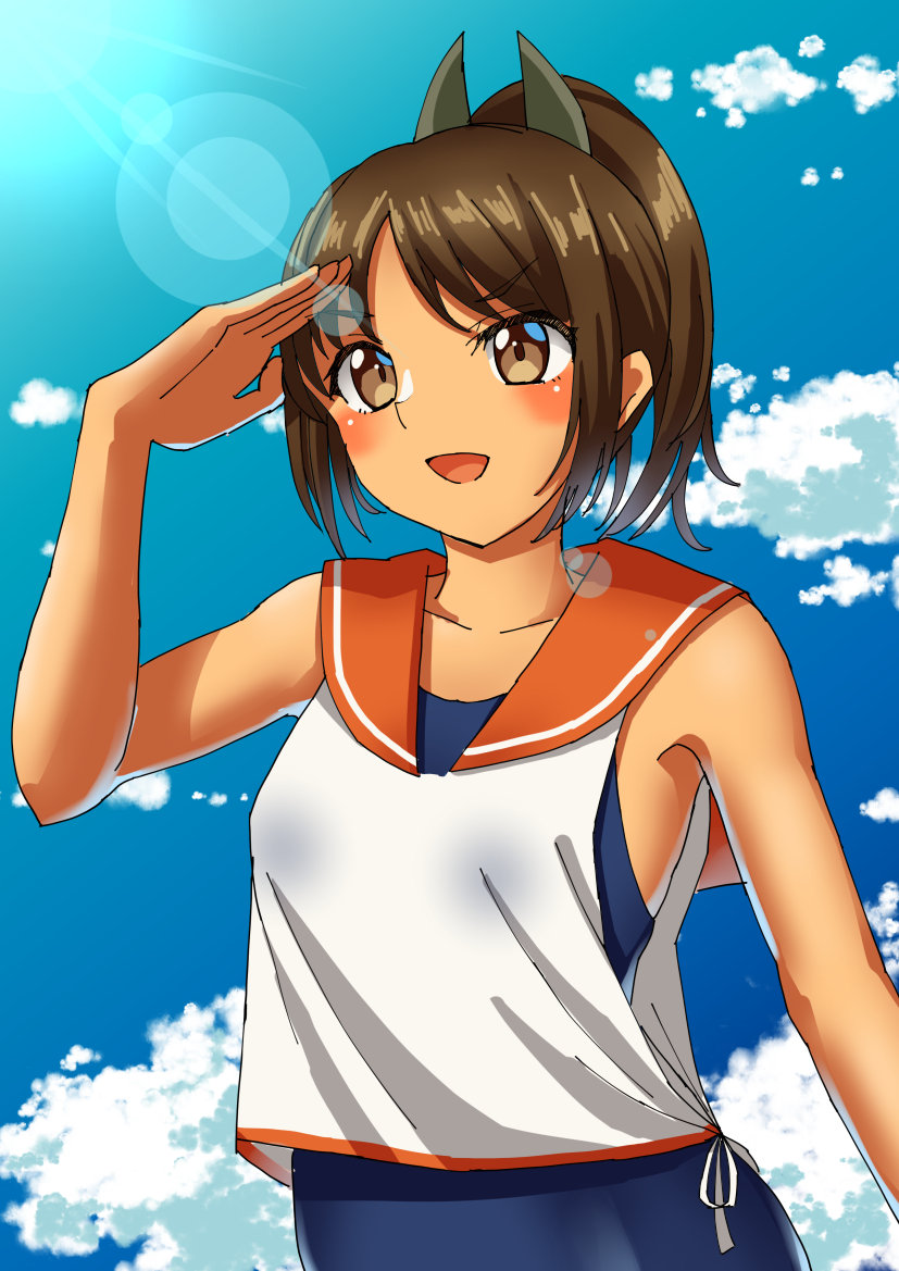 1girl brown_eyes brown_hair hair_ornament hairclip i-401_(kantai_collection) kantai_collection lens_flare mayura2002 one-piece_swimsuit orange_sailor_collar ponytail sailor_collar school_swimsuit shading_eyes shirt short_ponytail side-tie_shirt sleeveless sleeveless_shirt solo swimsuit swimsuit_under_clothes tan upper_body