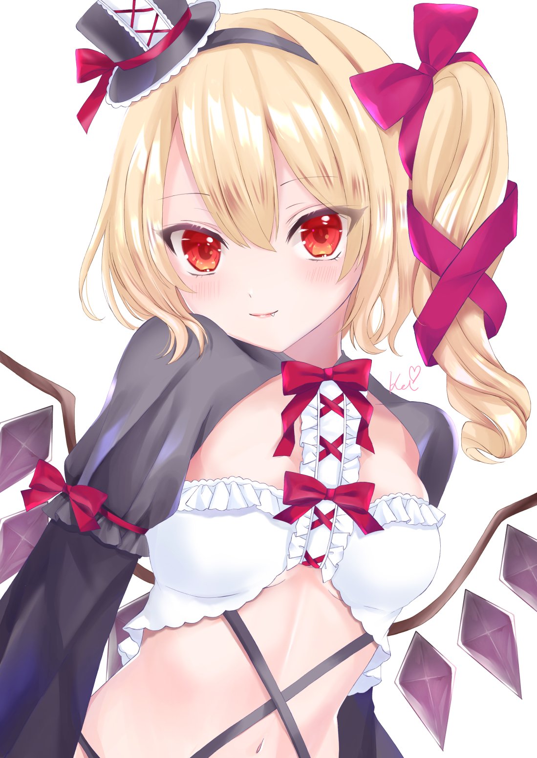 1girl alternate_costume blonde_hair blush bow bowtie center_frills closed_mouth commentary_request crop_top crystal dutch_angle eyes_visible_through_hair fang flandre_scarlet frills hair_bow hair_ribbon hat head_tilt highres kei_(hidden) looking_at_viewer navel one_side_up pink_bow pink_ribbon red_eyes red_neckwear reverse_outfit ribbon short_hair simple_background smile solo symbol_commentary top_hat touhou upper_body white_background wings