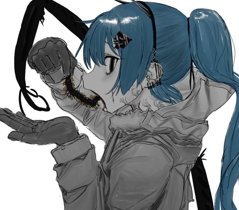 1girl atkm2 black_eyes blue_hair bug centipede coat ear_piercing earrings eating extra_arms from_side gloves grey_gloves hairband hands_up jewelry long_hair long_sleeves looking_at_viewer looking_to_the_side monster_girl open_mouth original piercing ponytail scar sideways_glance simple_background solo spot_color veins white_background winter_clothes winter_coat