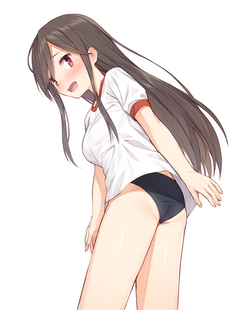 a_channel arm_behind_back ass bangs bare_legs bent_over black_hair bloomers blush breasts brown_hair commentary_request eyebrows from_side gym_shirt gym_uniform head_tilt long_hair looking_at_viewer mikazuchi_zeus nishi_yuuko open_mouth shirt sidelocks simple_background smile teeth thighs underwear violet_eyes white_background white_shirt