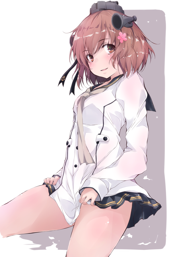 1girl anchor_symbol black_sailor_collar brown_eyes brown_hair cherry_blossoms commentary_request cowboy_shot dress flower grey_neckwear hair_flower hair_ornament headgear headset kantai_collection looking_at_viewer neckerchief remodel_(kantai_collection) sailor_collar sailor_dress short_hair skirt_hold smile solo speaking_tube_headset yukikaze_(kantai_collection) yumesato_makura