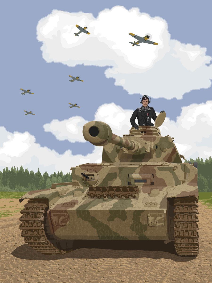 1boy aircraft black_eyes caterpillar_tracks clouds commentary_request day forest grass ground_vehicle hat headphones highres illustrator iron_cross military military_hat military_uniform military_vehicle motor_vehicle nature original panzerkampfwagen_iv sky suganuma_naoki tank tree uniform world_war_ii