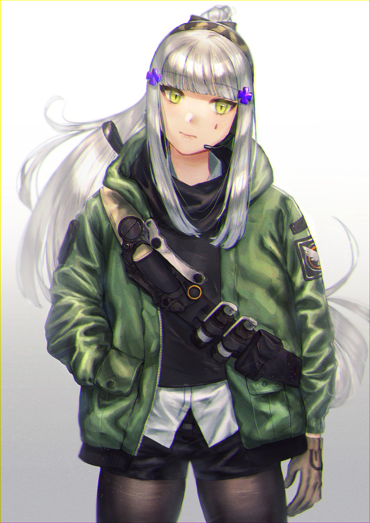 1girl agent_416_(girls_frontline) bandolier crossover explosive eyebrows_visible_through_hair girls_frontline green_eyes grenade hand_in_pocket headphones headset highres hk416_(girls_frontline) jacket long_hair pantyhose shorts silver_hair smoke_grenade solo tactical_clothes tom_clancy's_the_division xanax025