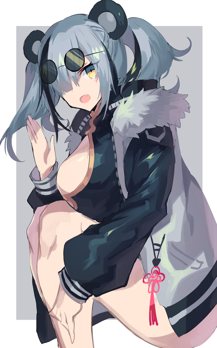 1girl animal_ears arknights bare_legs black_dress black_hair breasts china_dress chinese_clothes cleavage_cutout clothing_cutout commentary dress eyebrows_visible_through_hair eyewear_on_head fang feater_(arknights) fur-trimmed_jacket fur_trim grey_background grey_jacket hair_between_eyes hair_over_one_eye highres invisible_chair jacket large_breasts legs_together long_sleeves looking_at_viewer medium_hair multicolored_hair open_mouth panda_ears round_eyewear sasa_onigiri short_dress silver_hair simple_background sitting solo streaked_hair sunglasses tassel thighs tinted_eyewear twintails two-tone_hair waving yellow_eyes