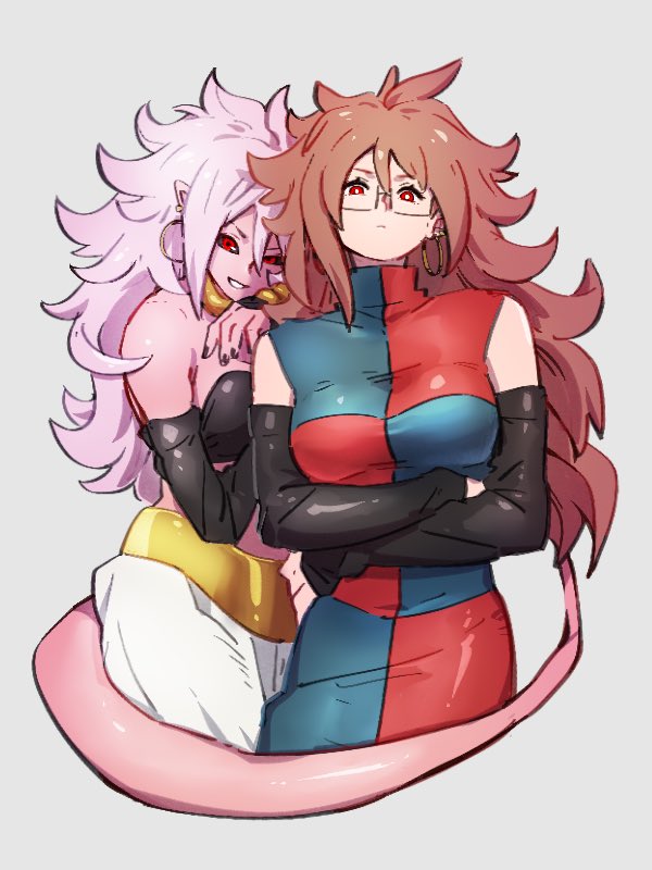 2girls android_21 bare_shoulders black_sclera breasts checkered checkered_dress choker closed_mouth crossed_arms detached_sleeves dragon_ball dragon_ball_fighterz dress dual_persona earrings glasses grey_background hair_between_eyes hoop_earrings jewelry kemachiku long_hair looking_at_viewer majin_android_21 medium_breasts multiple_girls pink_hair pink_skin pointy_ears red_eyes redhead simple_background smile tail yellow_choker