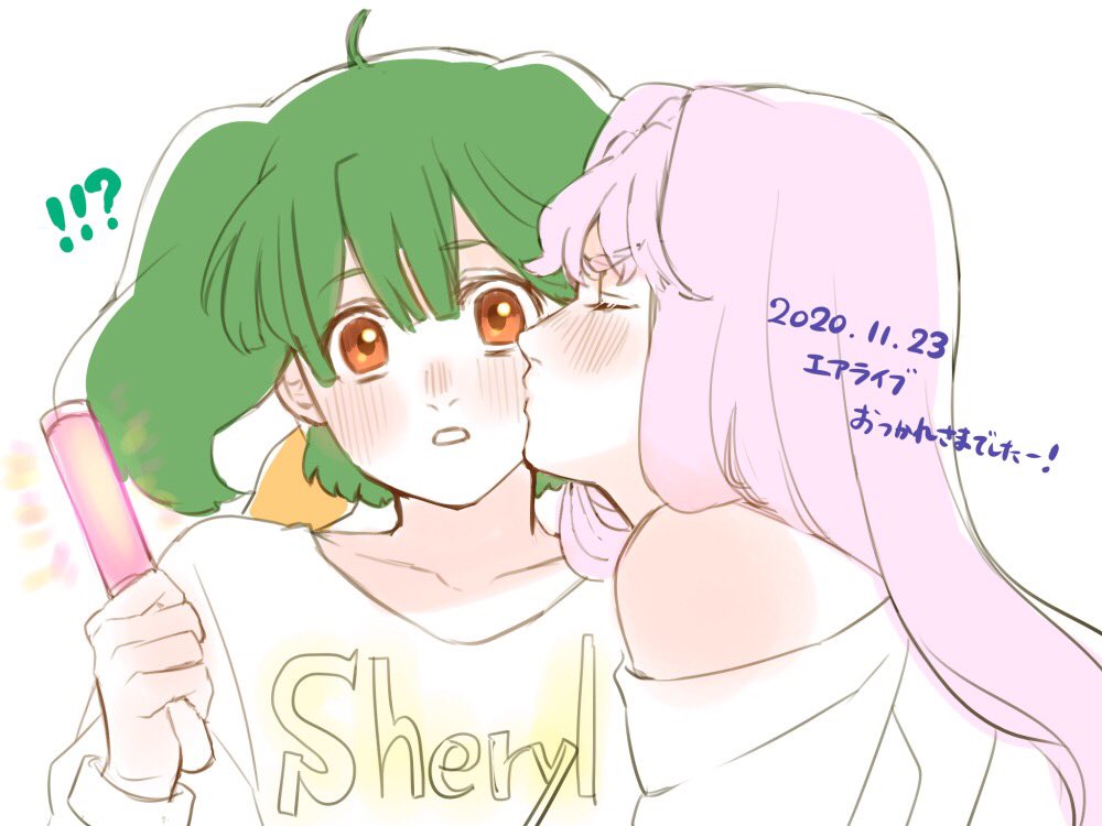 2girls alternate_hair_color bangs blush cheek_kiss closed_eyes dated eyebrows_visible_through_hair glowstick green_hair holding_glowstick kimidori_(kimidoriri) kiss long_hair macross macross_frontier multiple_girls purple_hair ranka_lee sheryl_nome short_hair v-shaped_eyebrows white_background yuri