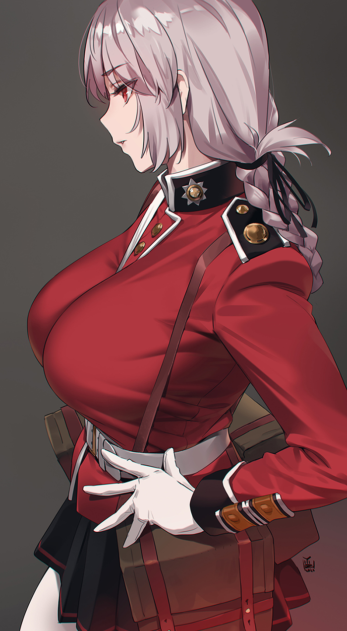 1girl bag belt braid breasts brown_background epaulettes eyebrows_visible_through_hair fate/grand_order fate_(series) florence_nightingale_(fate/grand_order) gloves hair_ribbon hand_on_hip high_collar highres jacket large_breasts miniskirt pink_hair pleated_skirt profile red_eyes red_jacket ribbon shoulder_bag signature simple_background skirt solo strap uniform white_belt white_gloves yd_(orange_maru)