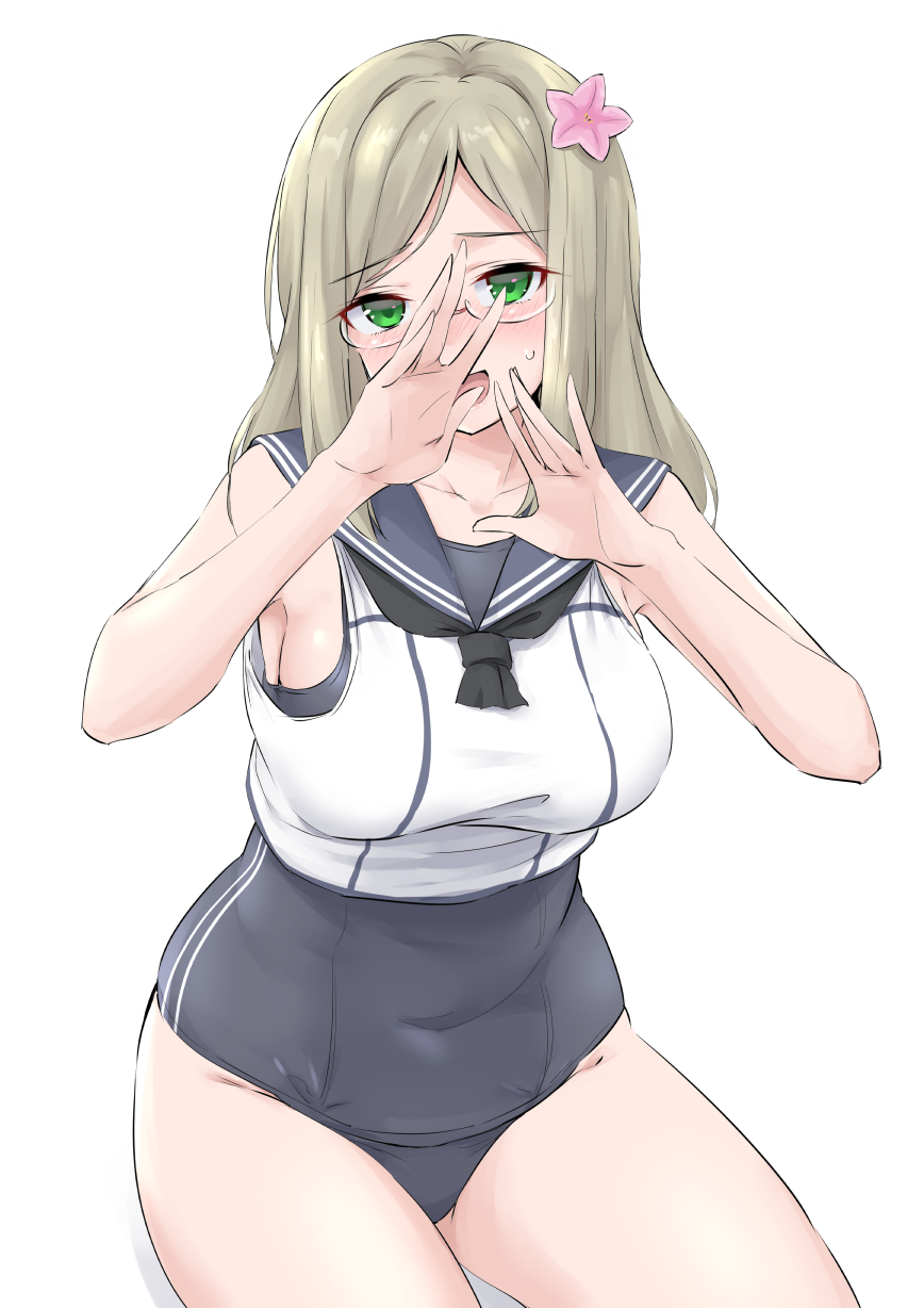 1girl blush breasts cosplay covering cowboy_shot crop_top embarrassed eyebrows_visible_through_hair flower glasses green_eyes hair_flower hair_ornament highres kantai_collection katori_(kantai_collection) large_breasts light_brown_hair long_hair looking_at_viewer one-piece_swimsuit open_mouth ro-500_(kantai_collection) ro-500_(kantai_collection)_(cosplay) sailor_collar school_swimsuit school_uniform serafuku simple_background solo sweatdrop swimsuit swimsuit_under_clothes takomeshi white_background